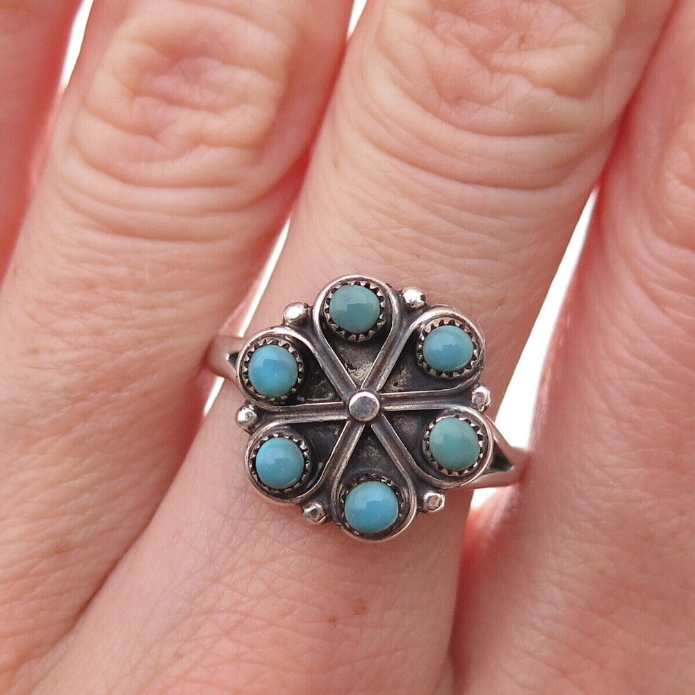 Old Pawn 925 Sterling Silver Vintage Turquoise Snake Eye Floral Ring Size 7.5